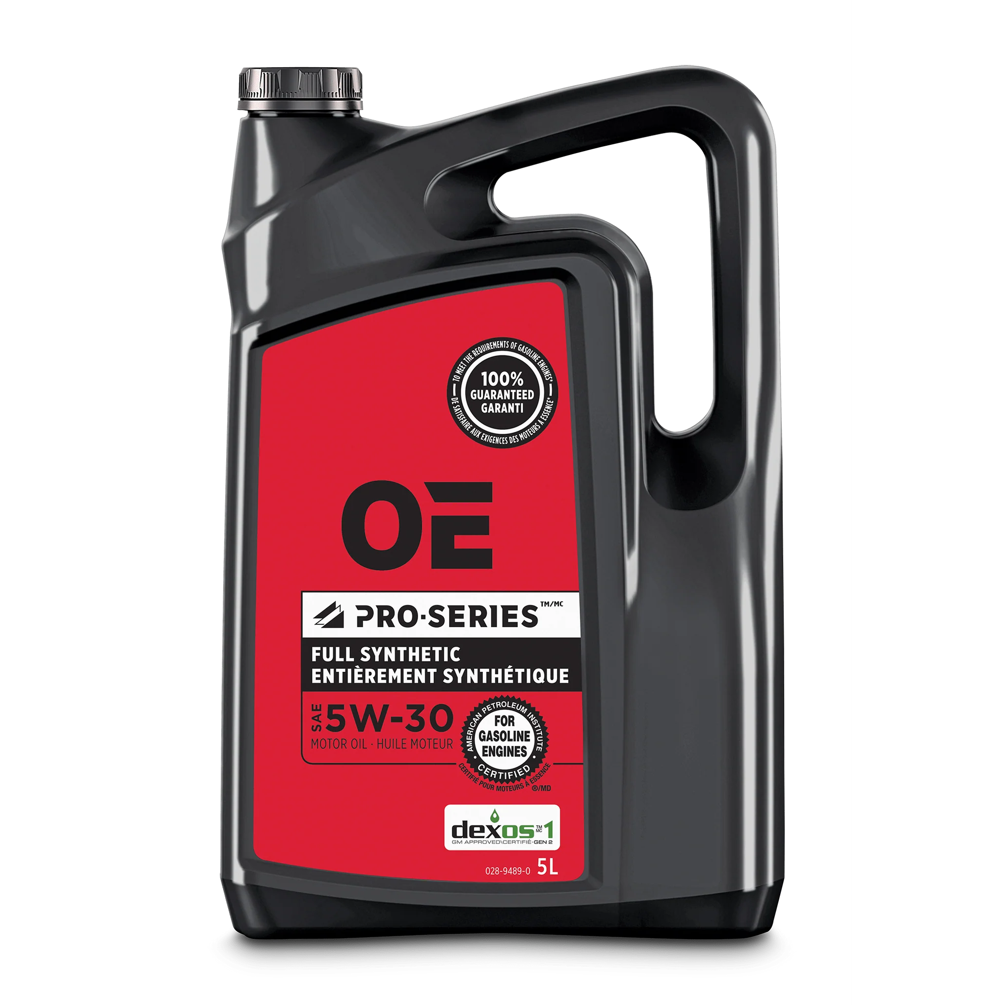 Black container of PRO-SERIES 5W30 Synthetic Engine Oil, 5 liters, featuring a red label and handle.